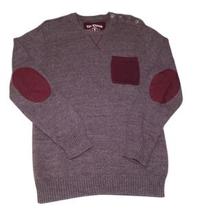 Epic Threads Knit Sweater XL Burgundy Elbow Patches Pocket Crew Neck 100% Cotton